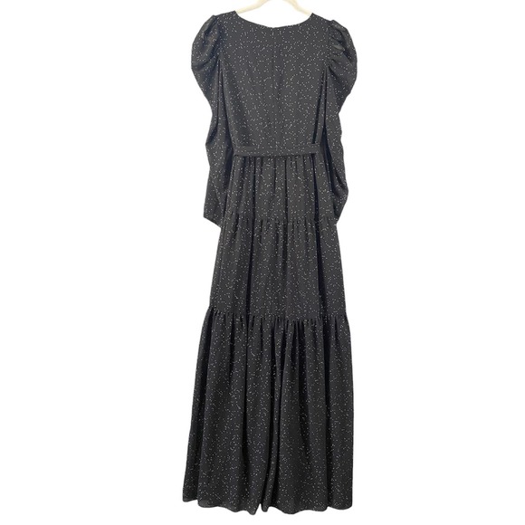 Eliza J Maxi Dress 6 Black Long Puff Sleeve Faux Wrap Studded Chiffon V-Neck - Picture 3 of 14